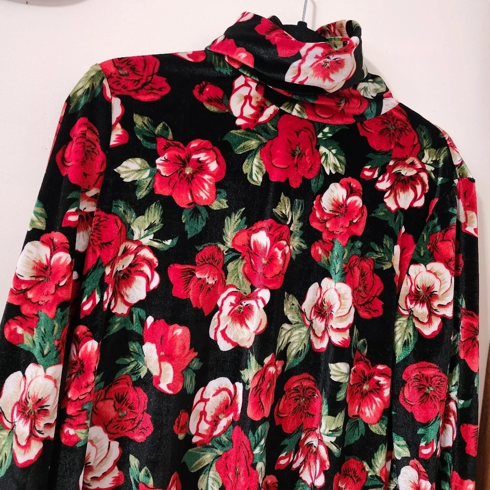 Dark Floral Velvet Mini Black w/ Multicolor Floral Design Dress Sz 14 Turtleneck